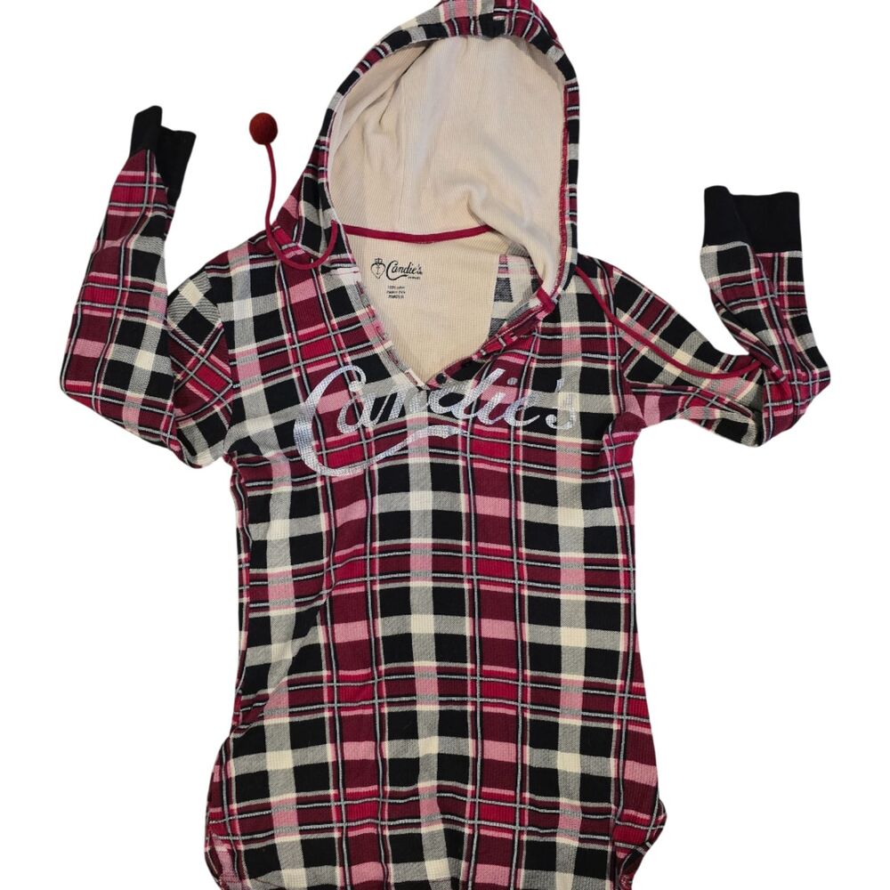 Candie’s Plaid Hooded Pullover Top Red Black White Women’s Large - Picture 3 of 6